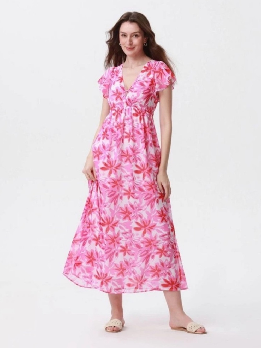 a new day Pink Floral V-Neck Flutter Cap Sleeve Maxi Dress NWT L